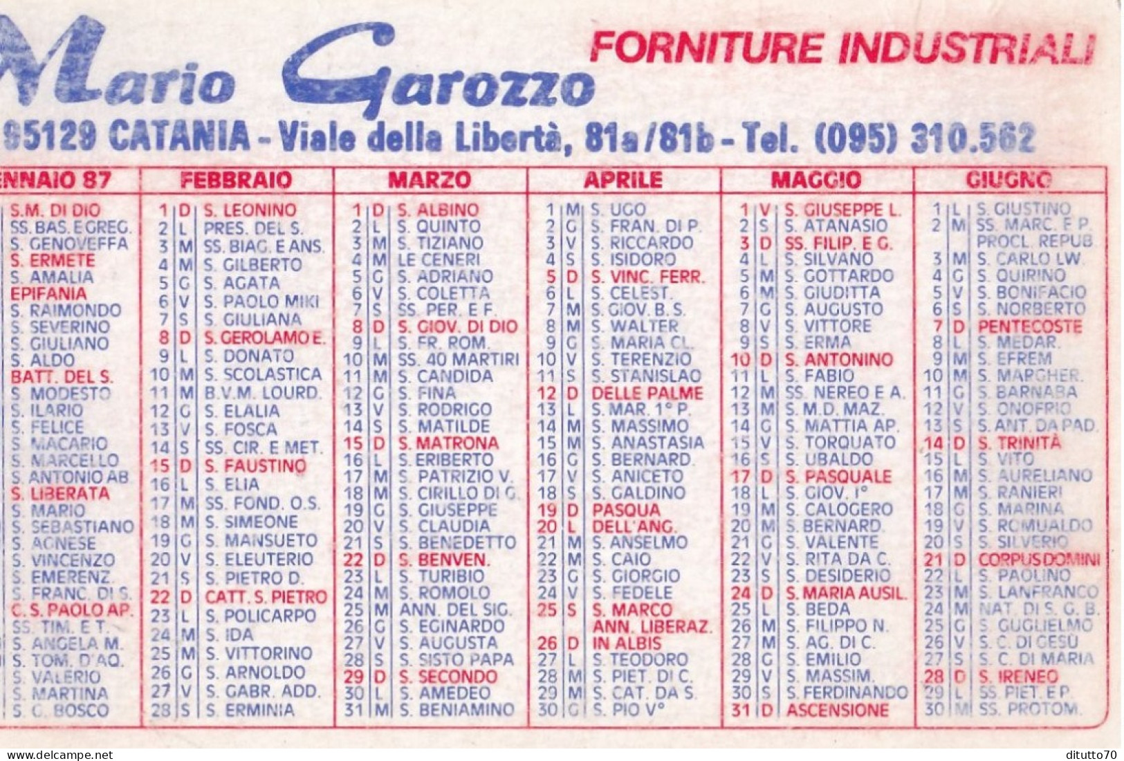 Calendarietto - Forniture Industriale  Mario Garozzo - Catania - Anno 1987 - Petit Format : 1981-90