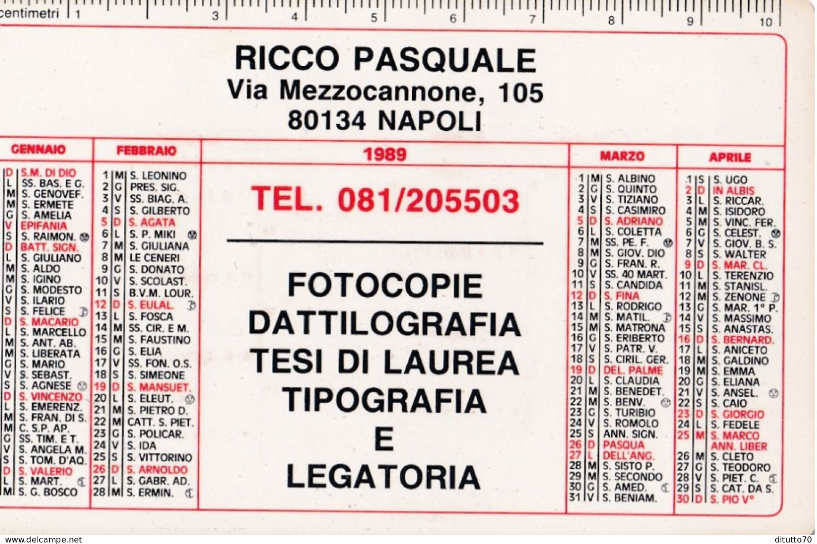 Calendarietto - Fotocopie Dattilografia - Ricco Pasquale - Napoli - Anno 1989 - Petit Format : 1981-90