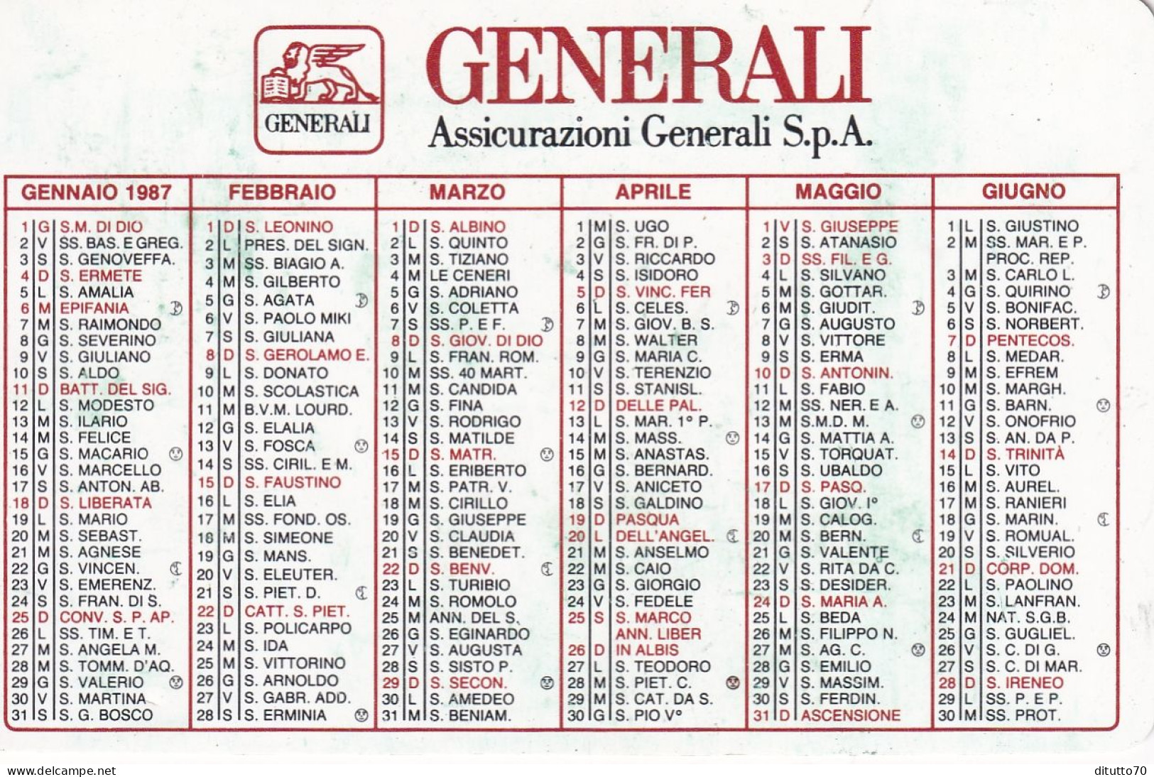 Calendarietto - GENERALI - Assicurazioni - Anno 1987 - Kleinformat : 1981-90