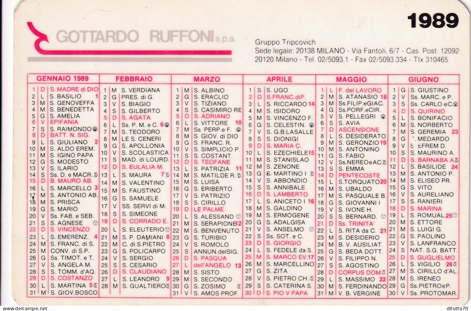 Calendarietto - Gottardo Ruffoni - Milano - Anno 1989 - Petit Format : 1981-90