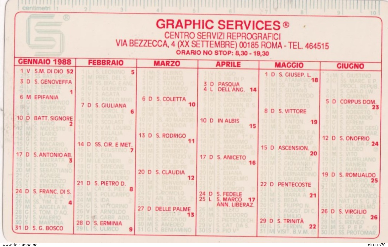 Calendarietto - Graphic Service - Roma - Anno 1988 - Tamaño Pequeño : 1981-90