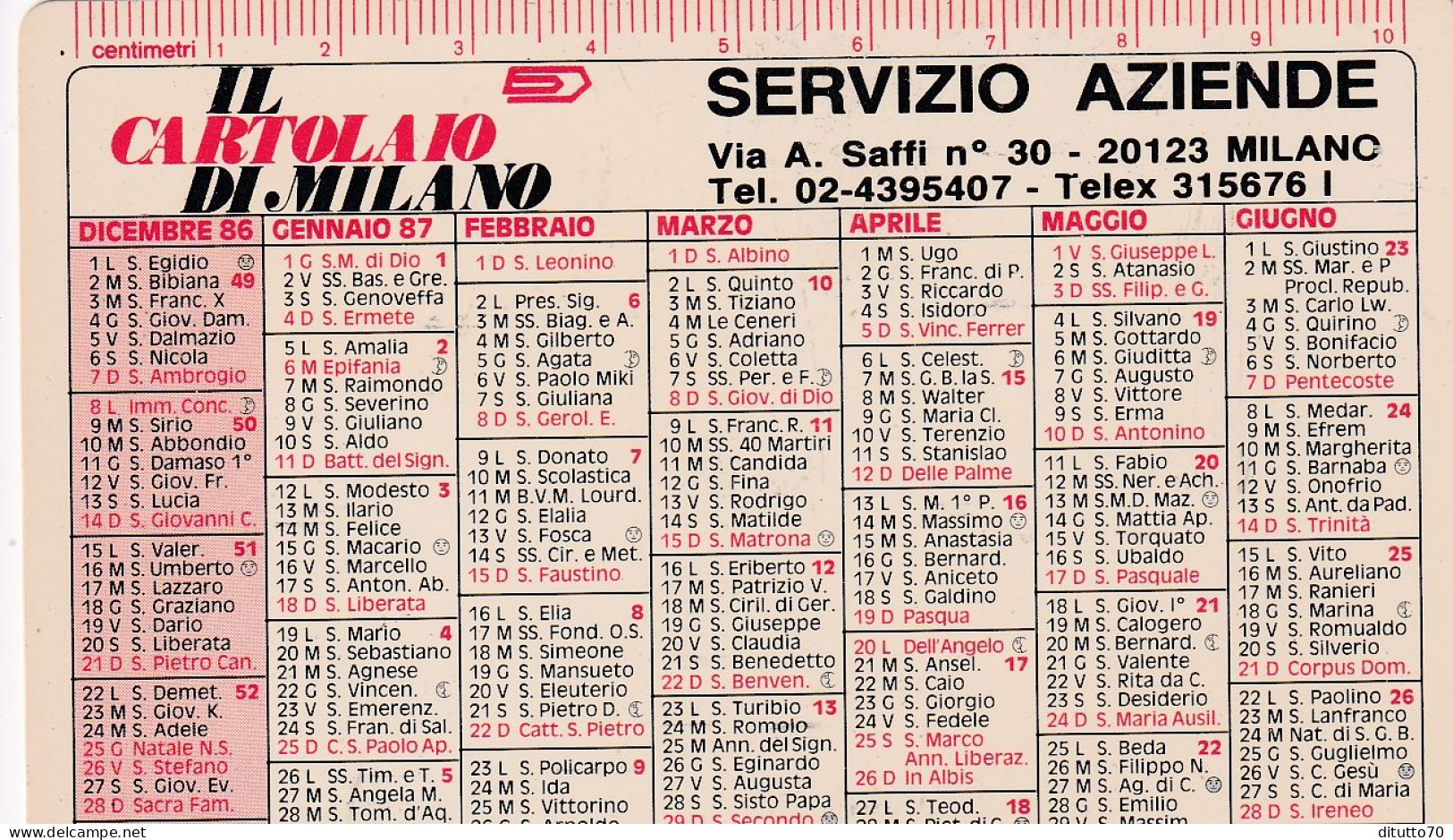 Calendarietto - Il Cartolaio Di Milano - Anno 1987 - Klein Formaat: 1981-90