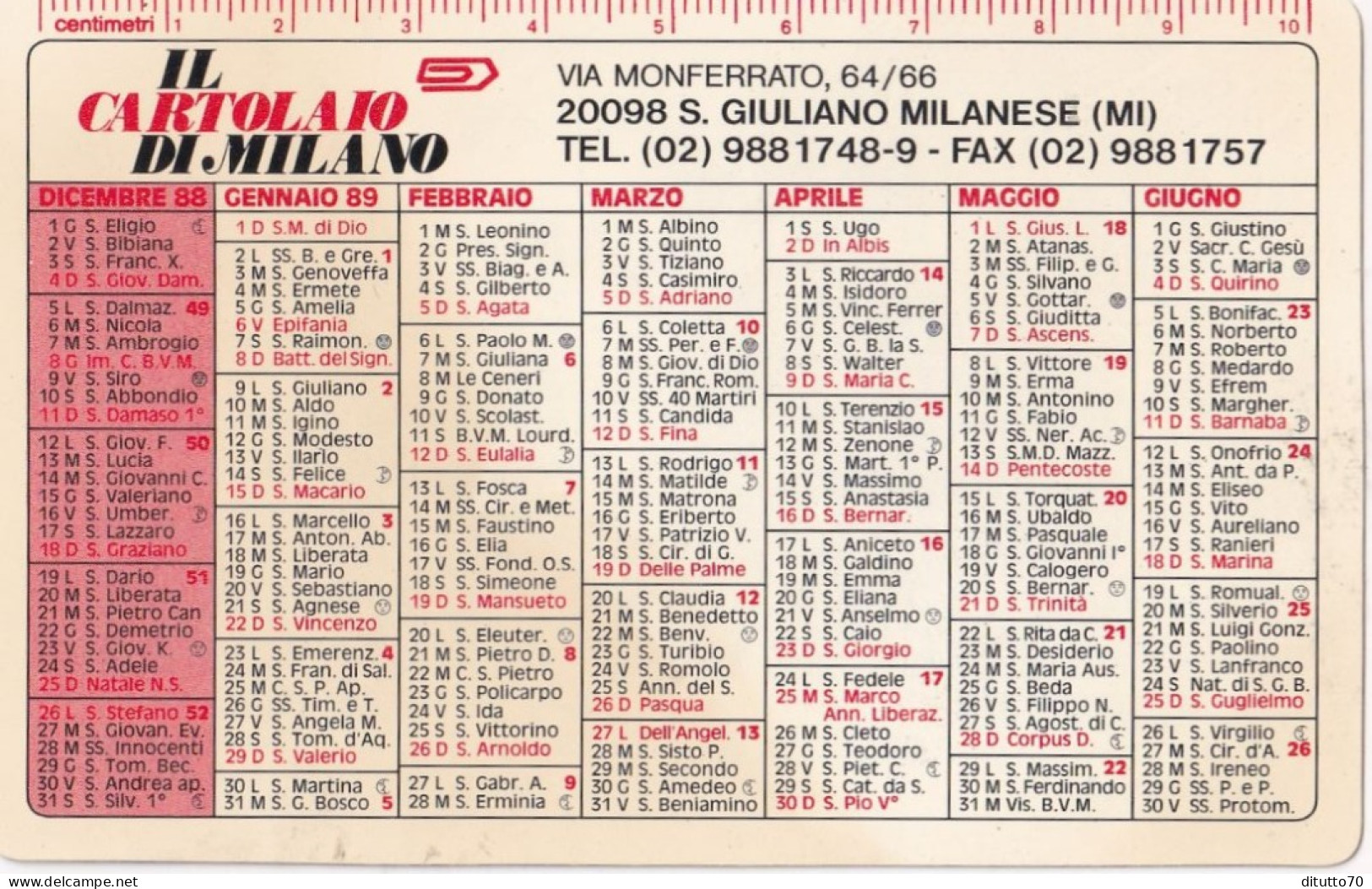 Calendarietto - Il Cartolaio Di Milano - Anno 1989 - Small : 1981-90