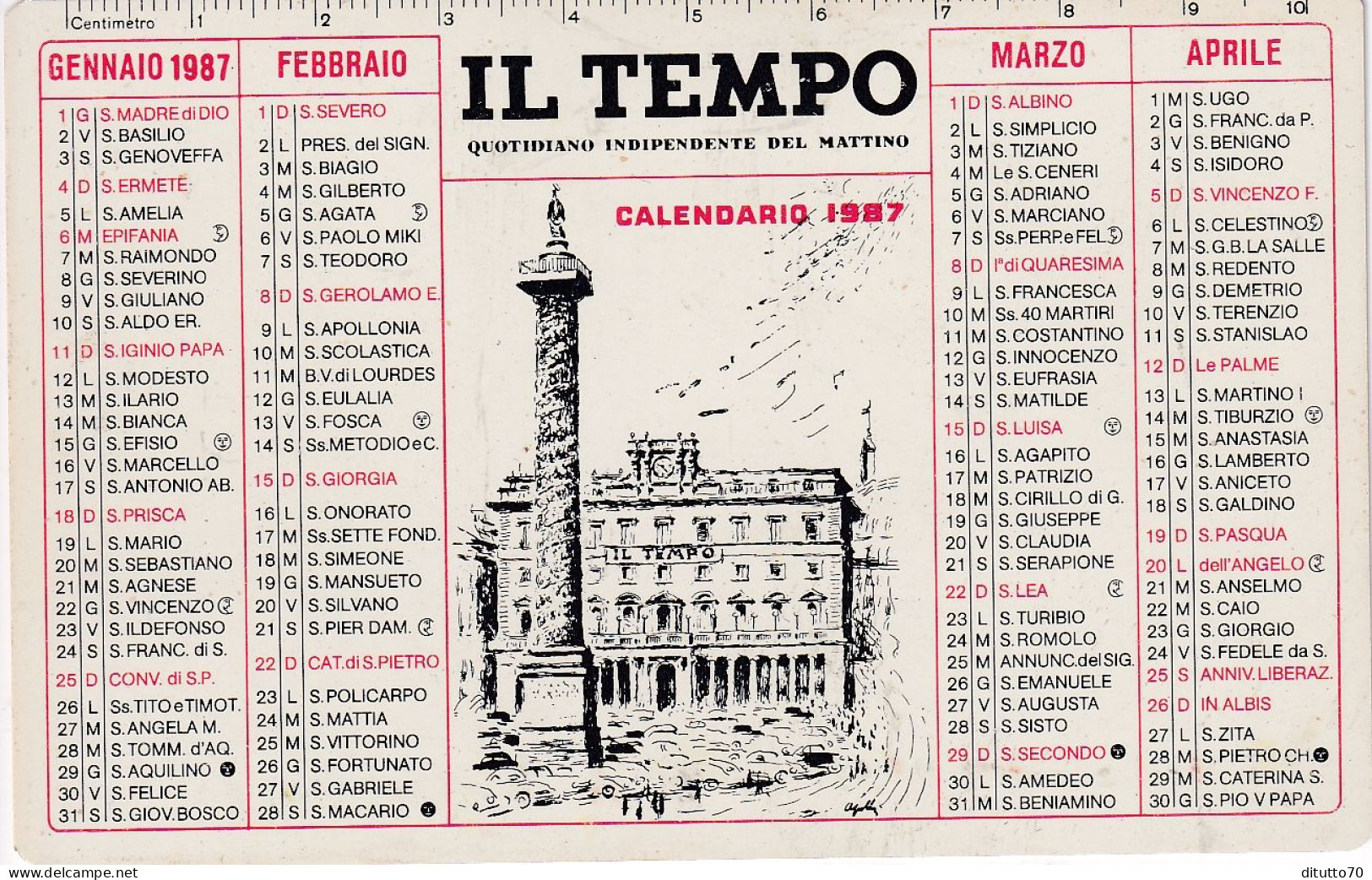 Calendarietto - IL TEMPO - Quotidiano Indipendente Del Mattino - Anno 1987 - Tamaño Pequeño : 1981-90