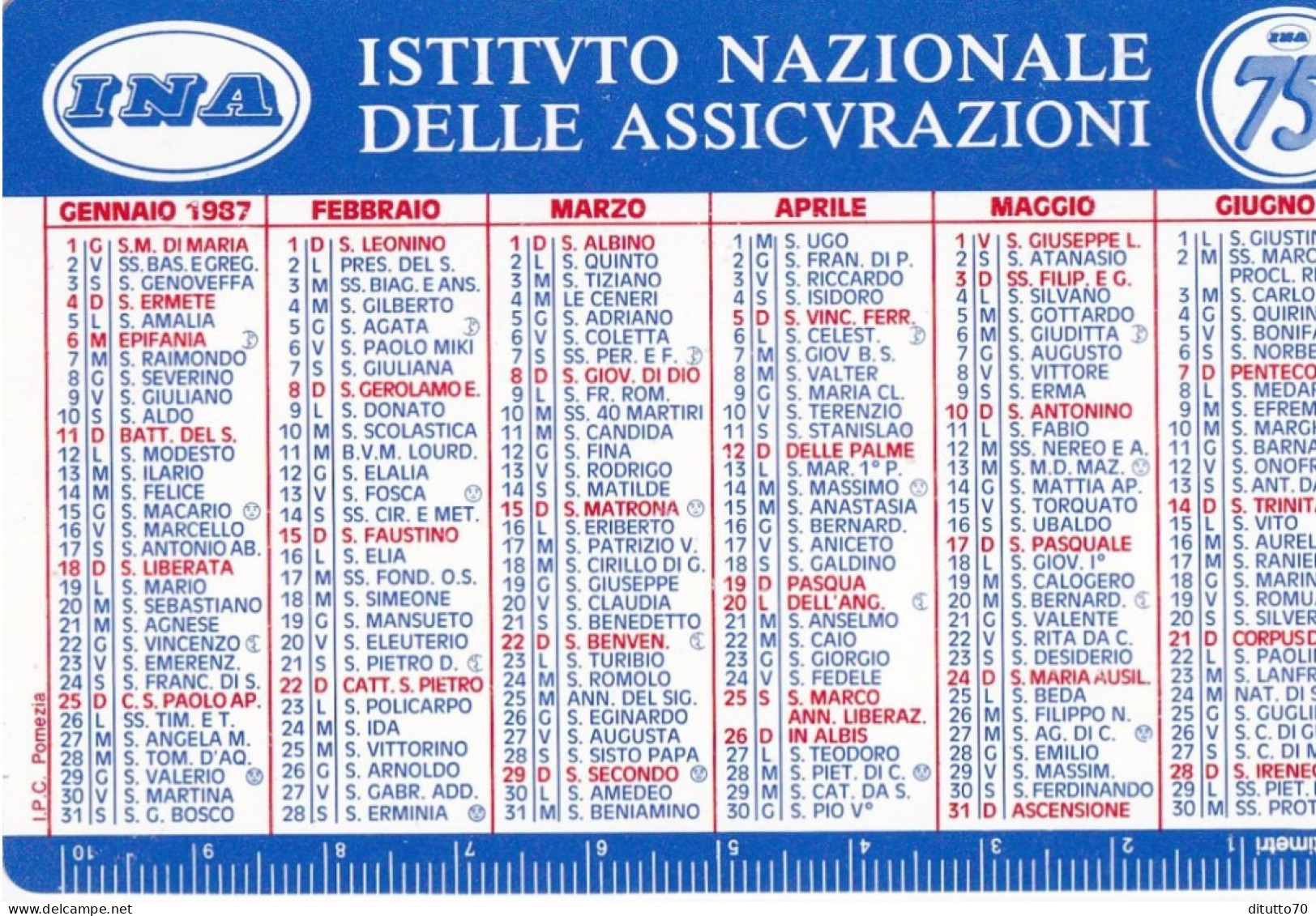 Calendarietto - INA - Istituto Nazionale Delle Assicurazioni - Anno 1987 - Kleinformat : 1981-90