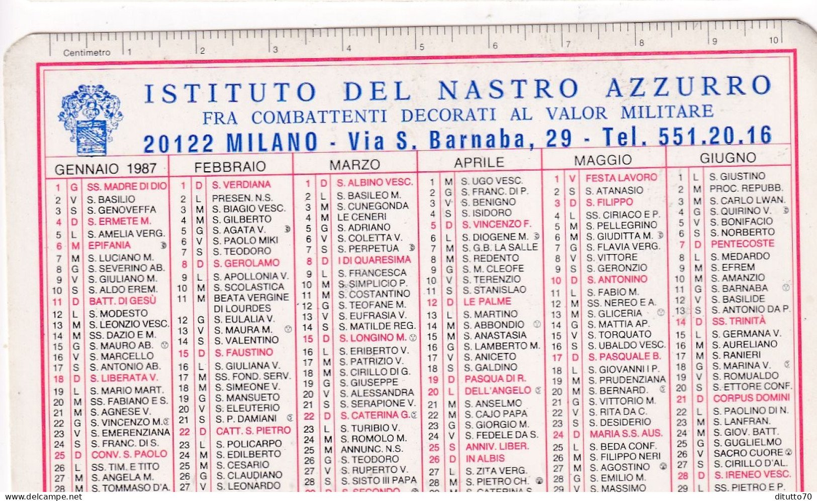 Calendarietto - Istituto Del Nastro Azzurro - Fra Combattenti Decorati Al Valor Militare - Milano - Anno 1987 - Klein Formaat: 1981-90