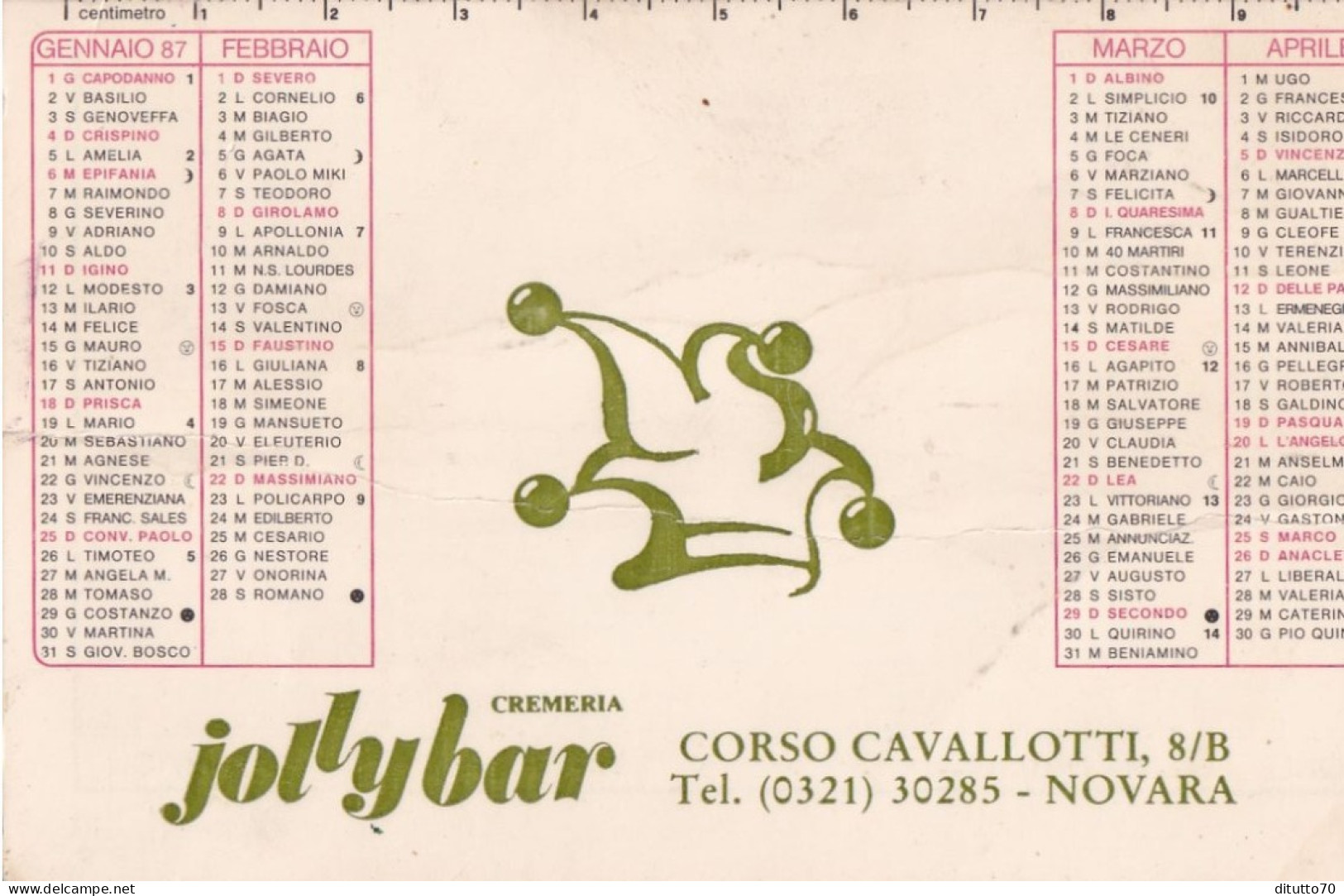 Calendarietto - JOLLYBAR - Novara - Anno 1987 - Small : 1981-90