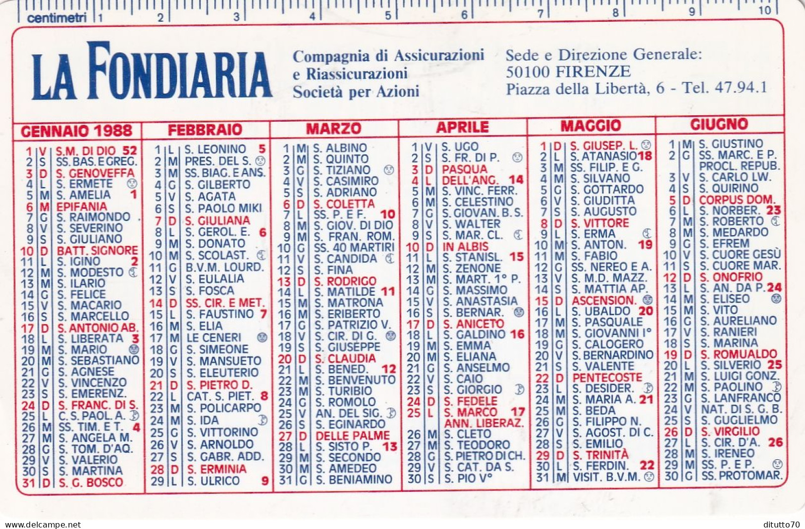 Calendarietto - La Fondiaria - Assicurazioni - Firenze - Anno 1988 - Tamaño Pequeño : 1981-90