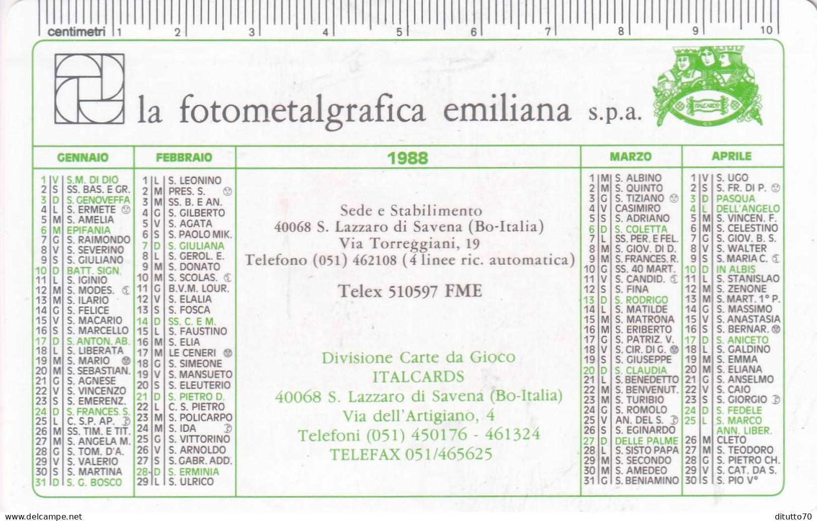 Calendarietto - La Fotometalgrafica Emiliana - S.lazzaro Di Savena - Bologna - Anno 1988 - Petit Format : 1981-90