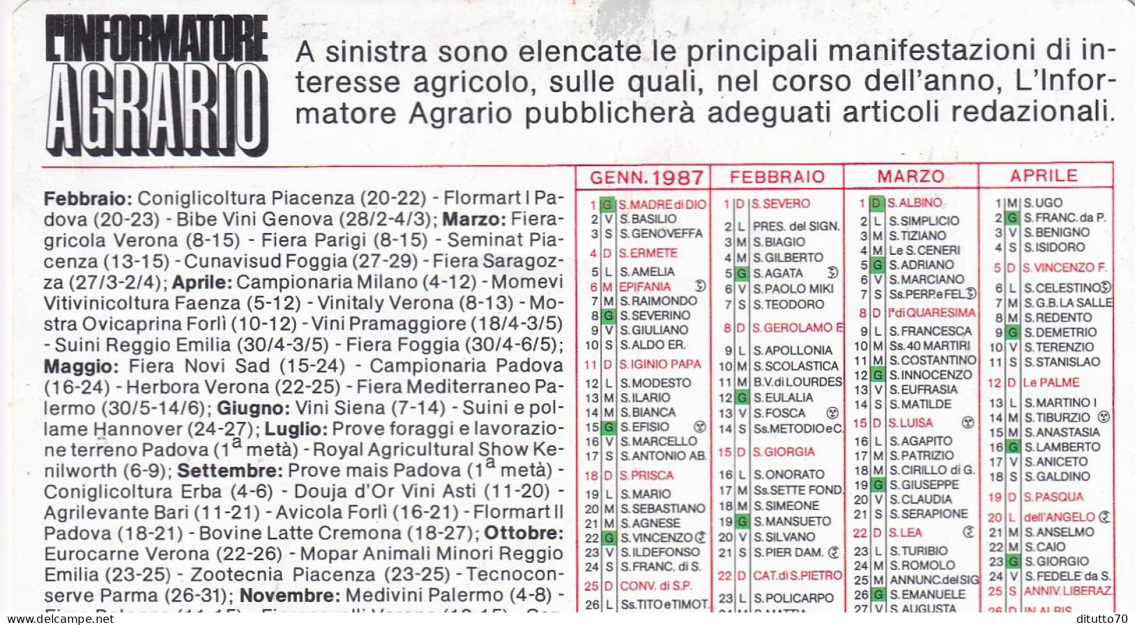 Calendarietto - L'informatore Agrario - Anno 1987 - Kleinformat : 1981-90