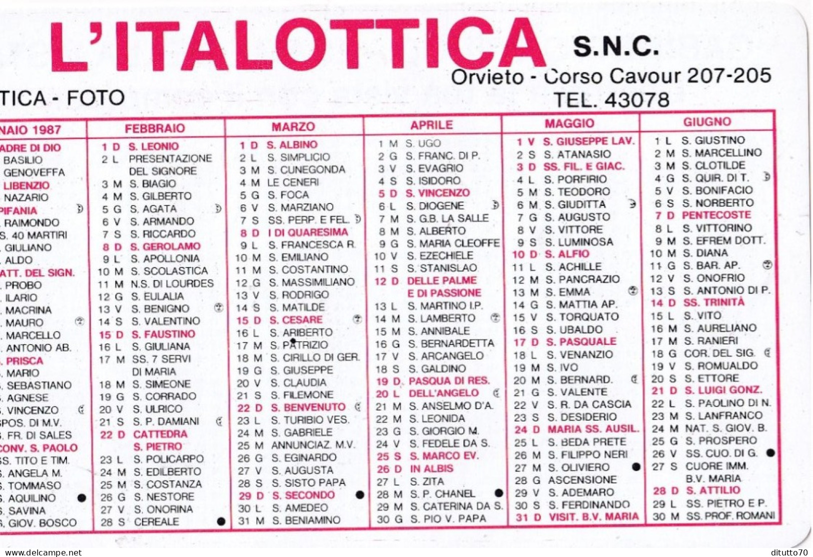 Calendarietto - L'italottica - Orvieto - Anno 1987 - Petit Format : 1981-90