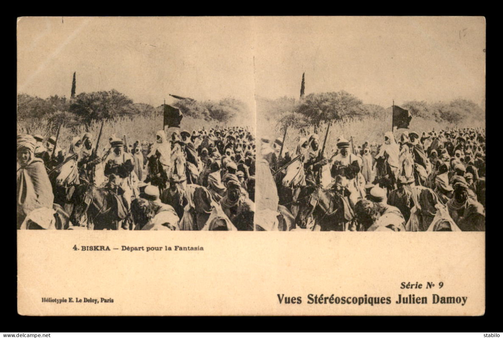 CARTES STEREOSCOPIQUES - BISKRA - DEPART POUR LA FANTASIA - VUES JULIEN DAMOY - Stereoscope Cards