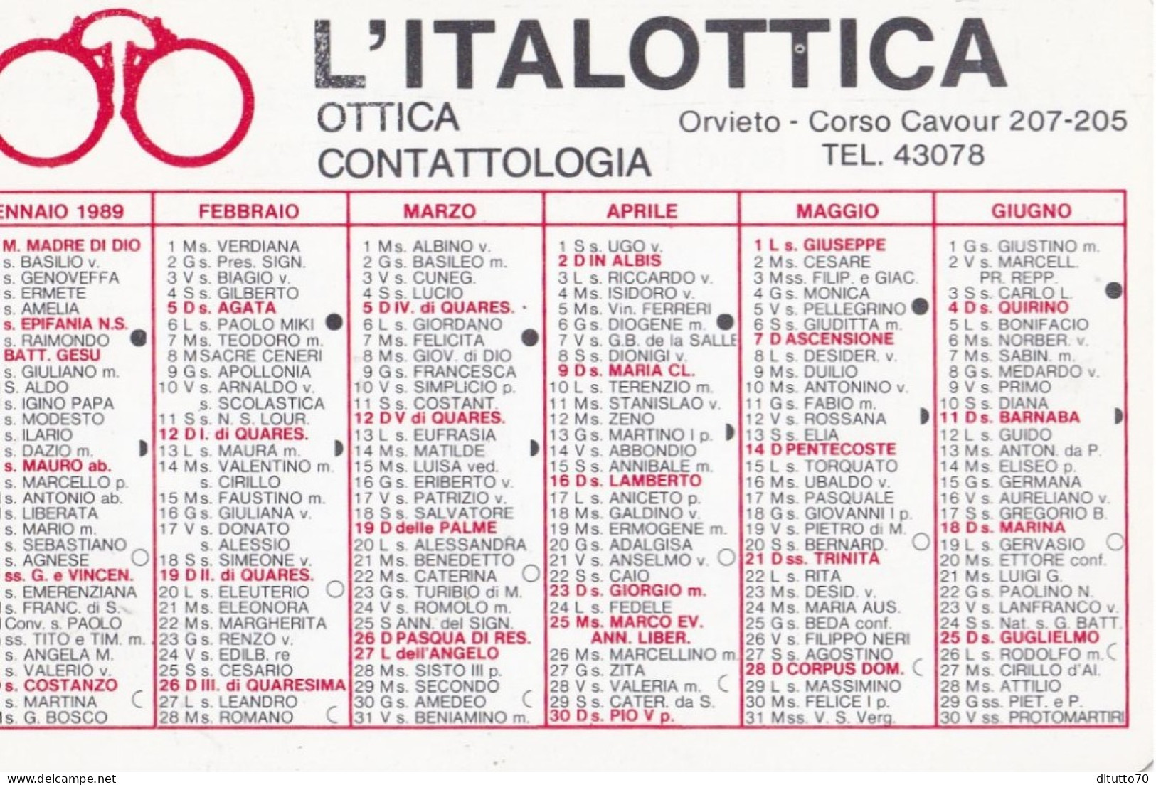 Calendarietto - L'italottica - Orvieto - Anno 1989 - Tamaño Pequeño : 1981-90