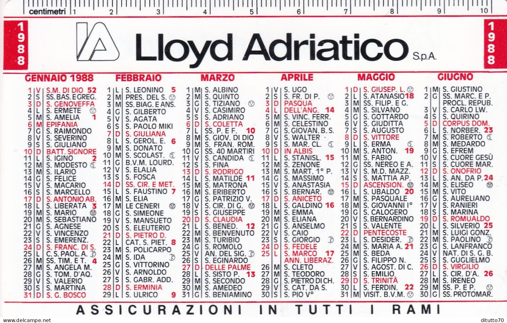 Calendarietto - Lloyd Adriatico - Assicurazioni - Trieste - Anno 1988 - Tamaño Pequeño : 1981-90