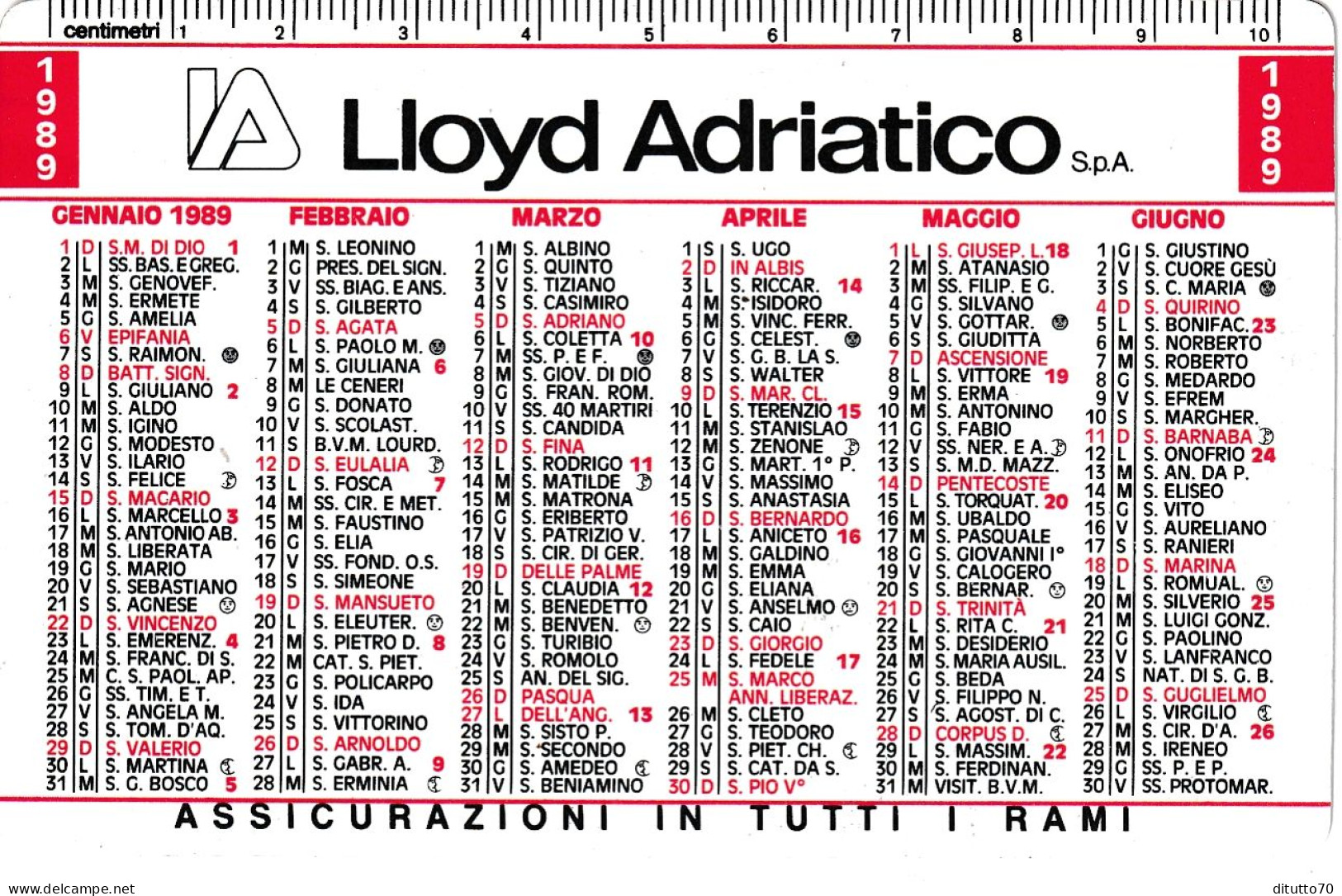 Calendarietto - Lloyd Adriatico - Assicurazioni - Trieste - Anno 1989 - Tamaño Pequeño : 1981-90