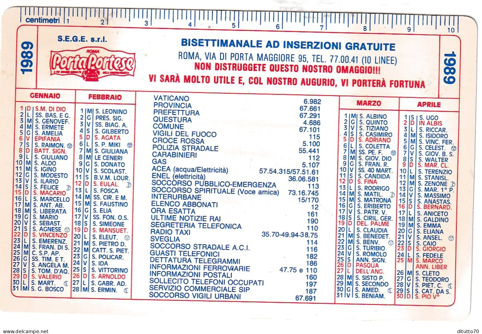 Calendarietto - Portaportese - Roma - Anno 1989 - Klein Formaat: 1981-90