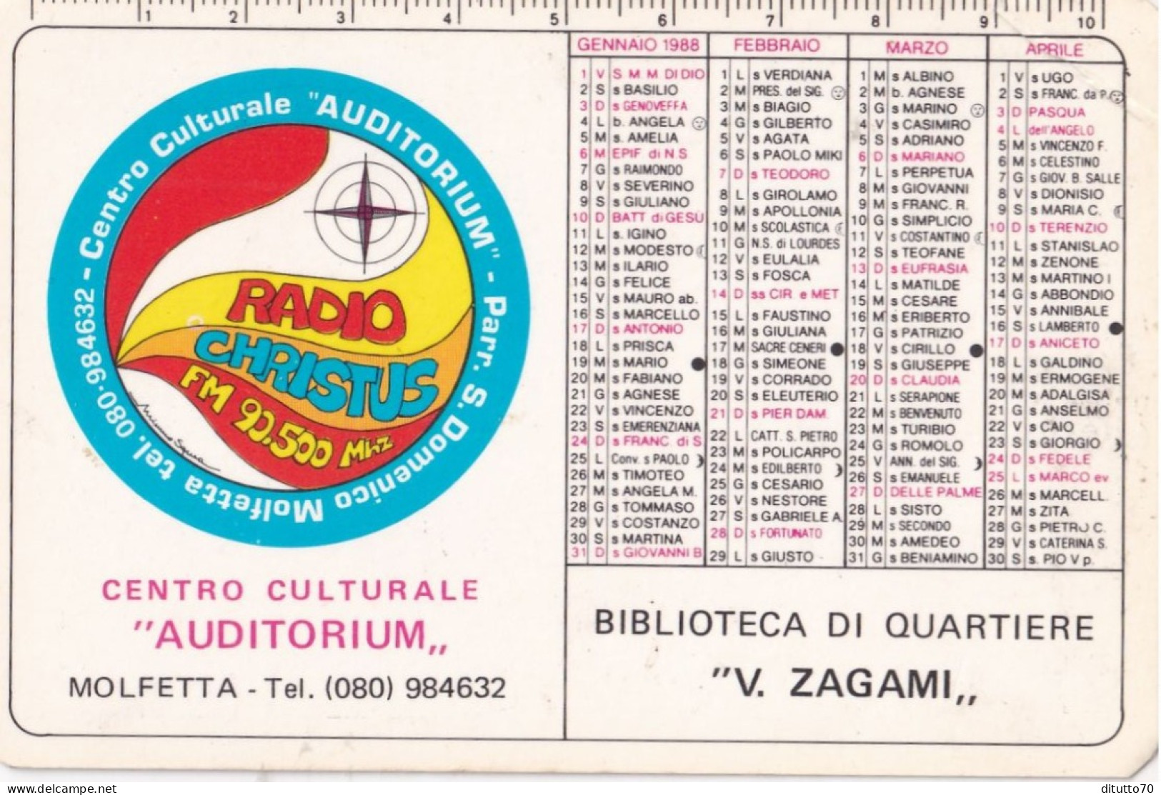 Calendarietto - Radio Christus - Centro Culturale - Auditorium - Molfetta - Anno 1989 - Formato Piccolo : 1981-90