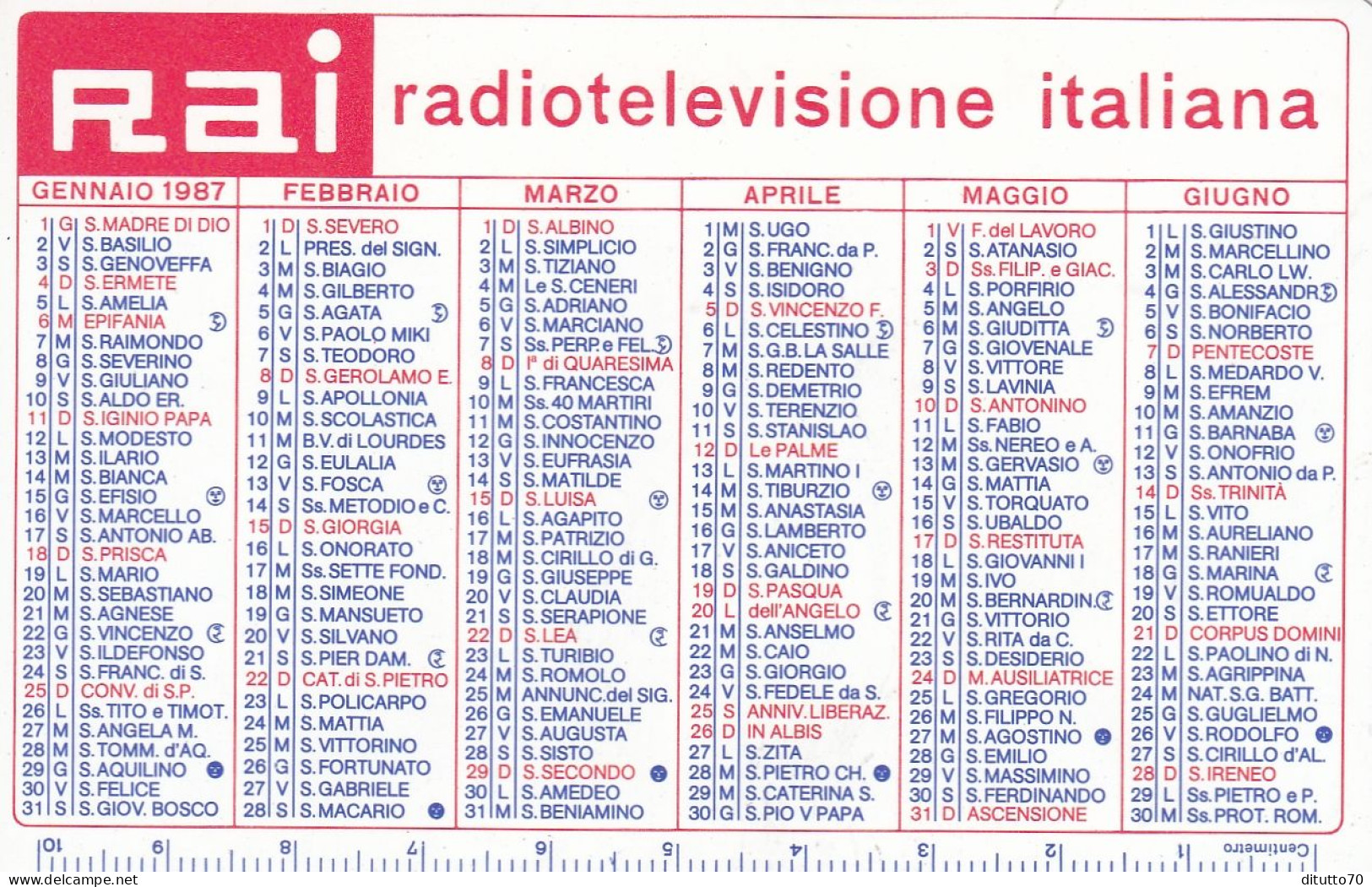 Calendarietto - RAI - Radiotelevisione Italiana- Anno 1987 - Tamaño Pequeño : 1981-90