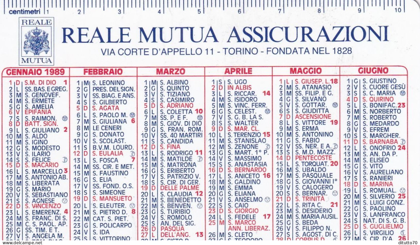 Calendarietto - Reale Mutua - Assicurazioni - Torino - Anno 1989 - Small : 1981-90