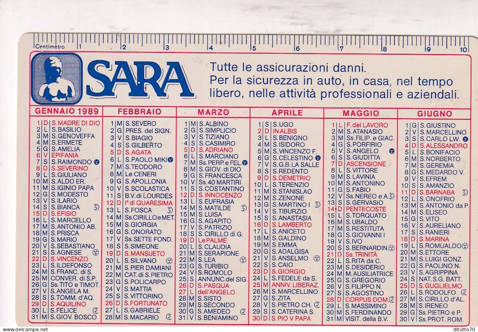 Calendarietto - SARA - VITA - Assicurazioni - Anno 1989 - Formato Piccolo : 1981-90