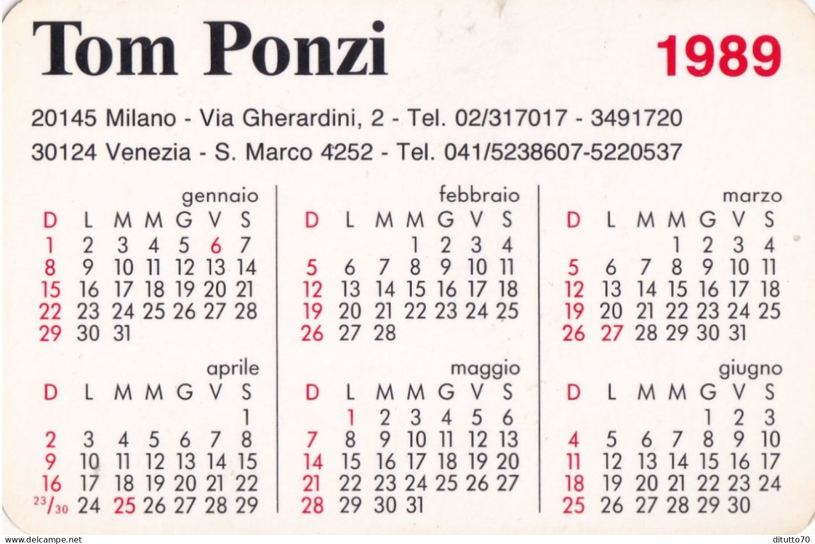 Calendarietto - Tom Ponzi - Milano - Venezia - Anno 1989 - Petit Format : 1981-90