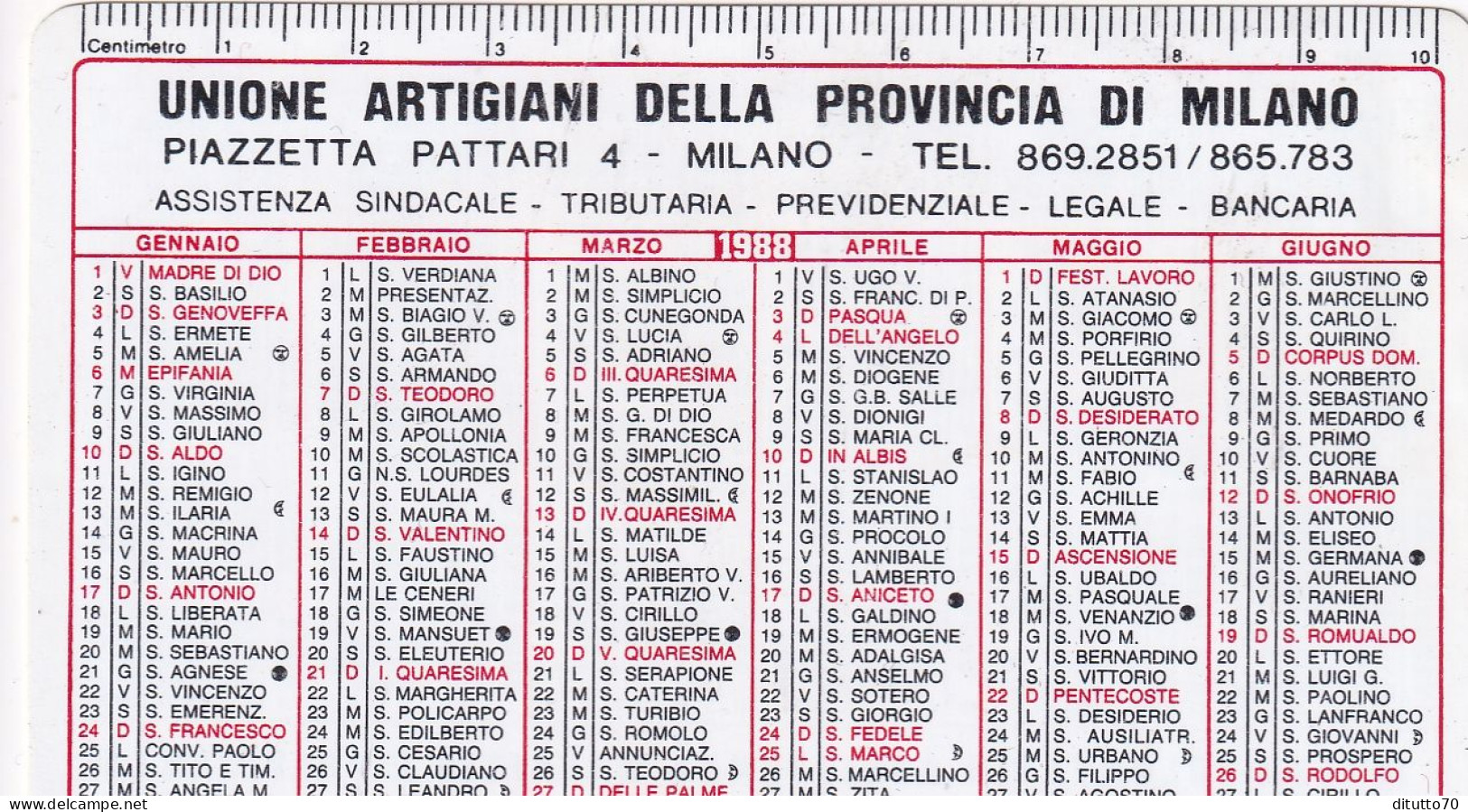 Calendarietto - Unione Artigiani Della Provincia Di Milano - Anno 1988 - Formato Piccolo : 1981-90