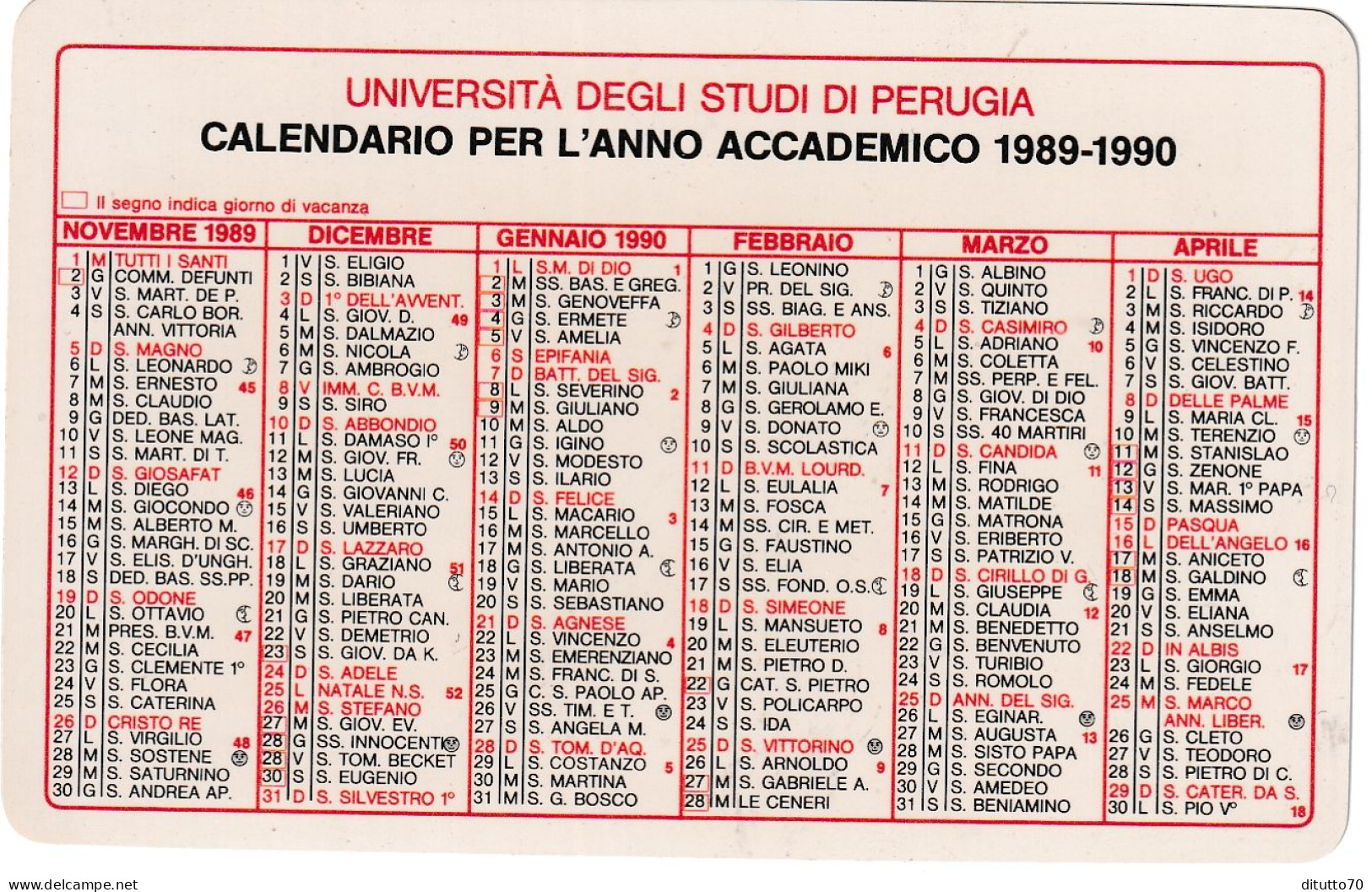 Calendarietto - Università Degli Studi Di Perugia - Anno 1989 - Kleinformat : 1981-90