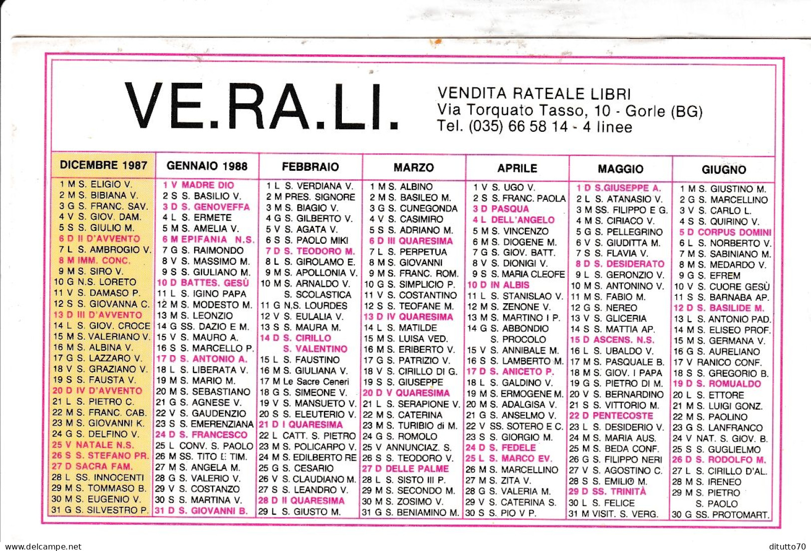 Calendarietto - VE.RA.LI  - Vendita Rateale Libri - Gorle - Bergamo - Anno 1988 - Klein Formaat: 1981-90