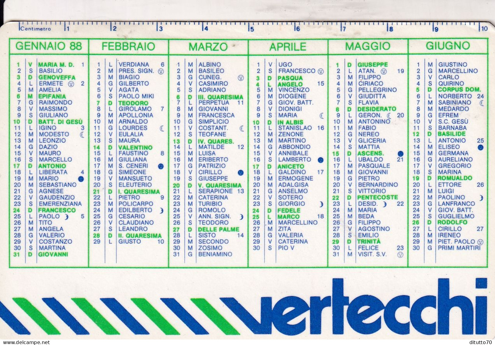 Calendarietto - Vertecchi - Anno 1988 - Tamaño Pequeño : 1981-90