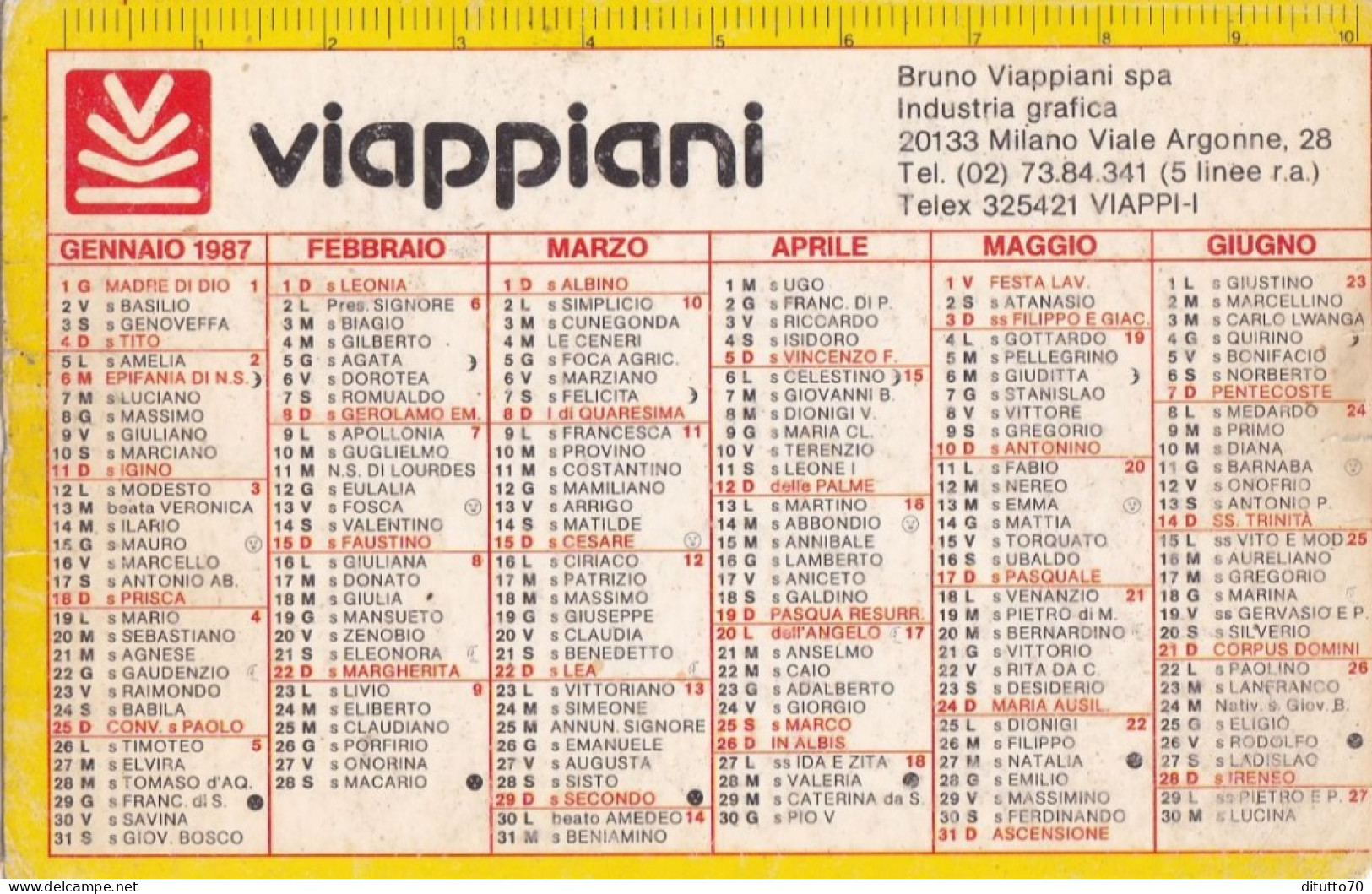 Calendarietto - Viappiani - Industri Grafica - Milano - Anno 1987 - Tamaño Pequeño : 1981-90