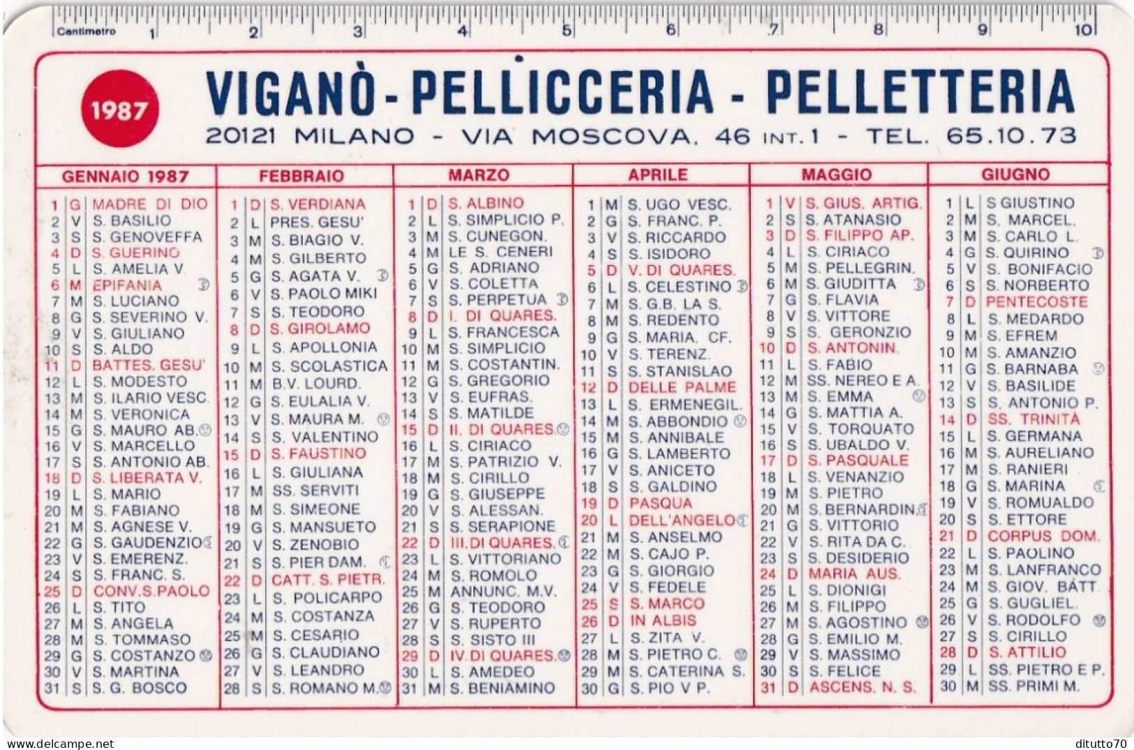 Calendarietto - VIGANO - Pellicceria - Pelletteria - Anno 1987 - Tamaño Pequeño : 1981-90