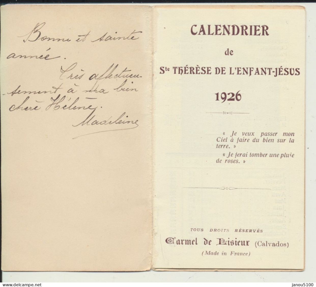 VIEUX PAPIERS  CALENDRIER DE SAINTE THERESE DE L'ENFANT JESUS 1926. - Kleinformat : 1921-40