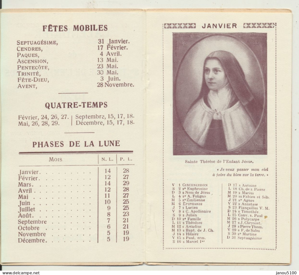 VIEUX PAPIERS  CALENDRIER DE SAINTE THERESE DE L'ENFANT JESUS 1926. - Petit Format : 1921-40