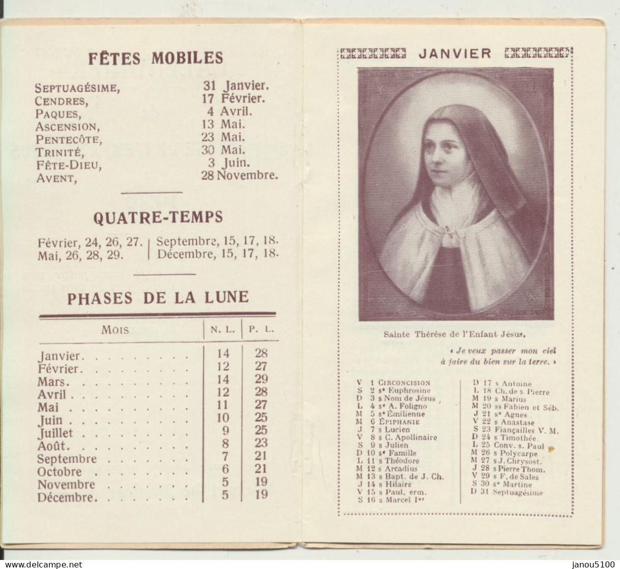 VIEUX PAPIERS  CALENDRIER DE SAINTE THERESE DE L'ENFANT JESUS 1926. - Klein Formaat: 1921-40