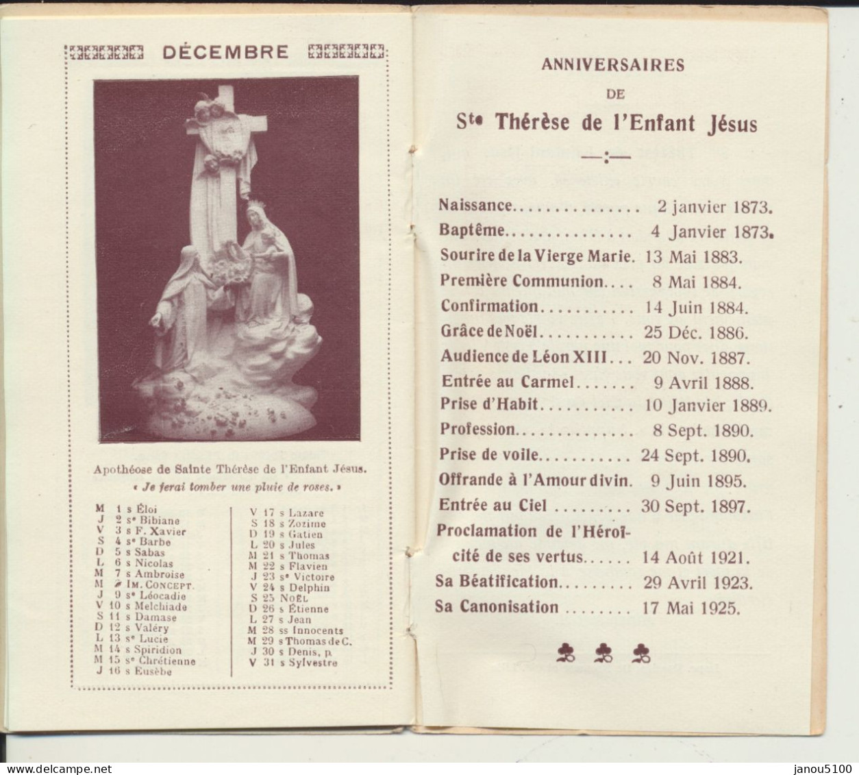 VIEUX PAPIERS  CALENDRIER DE SAINTE THERESE DE L'ENFANT JESUS 1926. - Klein Formaat: 1921-40