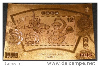 Gold Foil Taiwan 2015 Chinese New Year Zodiac Stamp S/s - Monkey Peach Fruit Peony Flower 2016 Unusual  (Chung Li) - Neufs