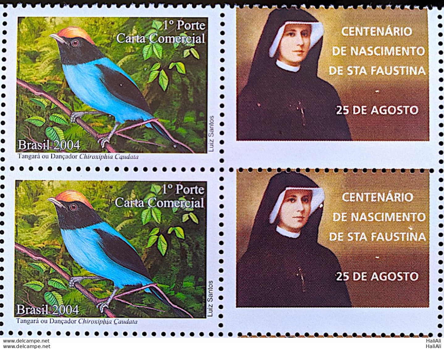 C 2596 Brazil Personalized Stamp Dancer Tangara Bird Fauna Santa Faustina Religion 2004 Block Of 4 - Personalized Stamps