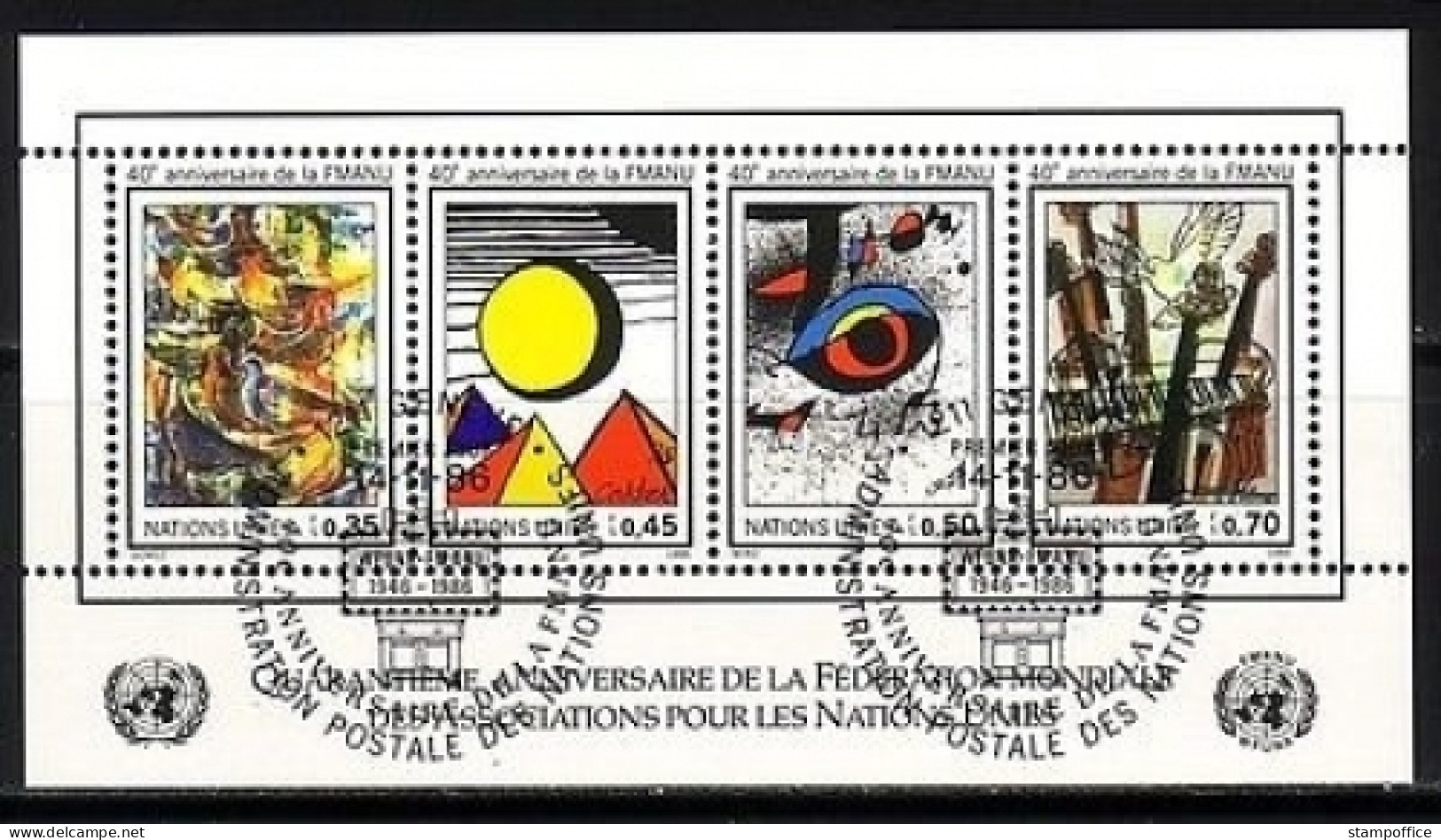 UNO GENF BLOCK 4 GESTEMPELT 40 JAHRE WFUNA - GEMÄLDE JOAN MIRO - Blocs-feuillets