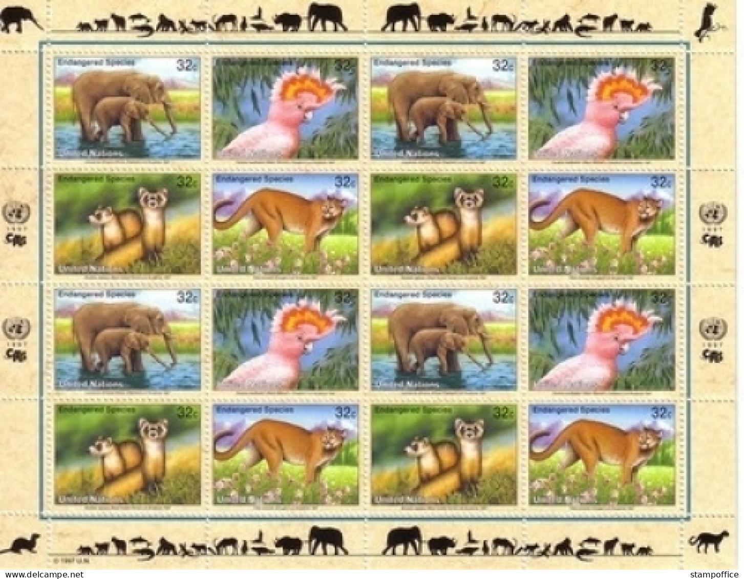 UNO NEW YORK MI-NR. 732-735 KLEINBOGEN POSTFRISCH(MINT) GEFÄHRDETE ARTEN ELEFANT KAKADU ILTIS PUMA - Blocks & Sheetlets