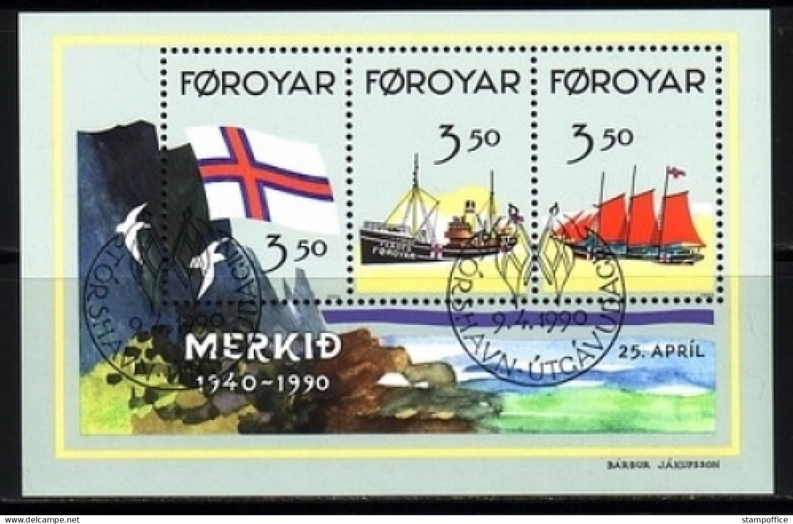 FÄRÖER BLOCK 4 GESTEMPELT(USED) 50 JAHRE FLAGGE VON FÄRÖER 1990 DAMPFSCHIFF - Färöer Inseln