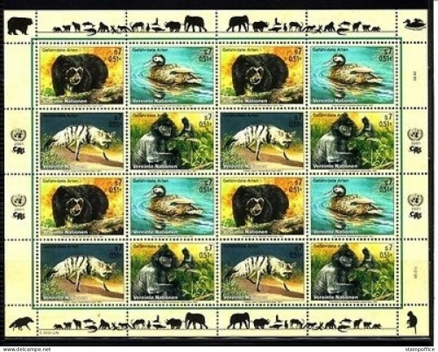 UNO WIEN MI-NR. 327-330 KLEINBOGEN POSTFRISCH(MINT) GEFÄHRDETE TIERE 2001 BRILLENBÄR, ENTE, WOLF - Blocks & Kleinbögen