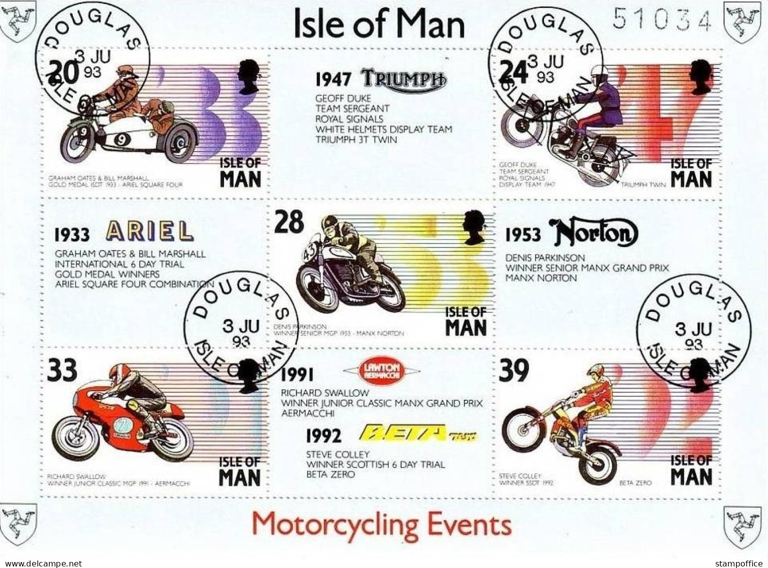 ISLE OF MAN BLOCK 19 GESTEMPELT(USED) MOTORRAD TRIUMPH NORTON ARIEL 1993 - Isola Di Man