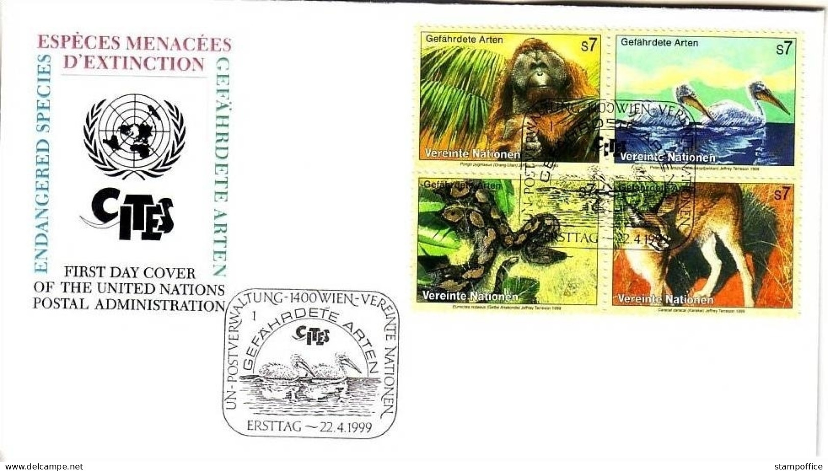 UNO WIEN MI-NR. 287-290 FDC GEFÄHRDETE ARTEN 1999 ORANG UTAN PELIKAN ANAKONDA KARAKAL - FDC