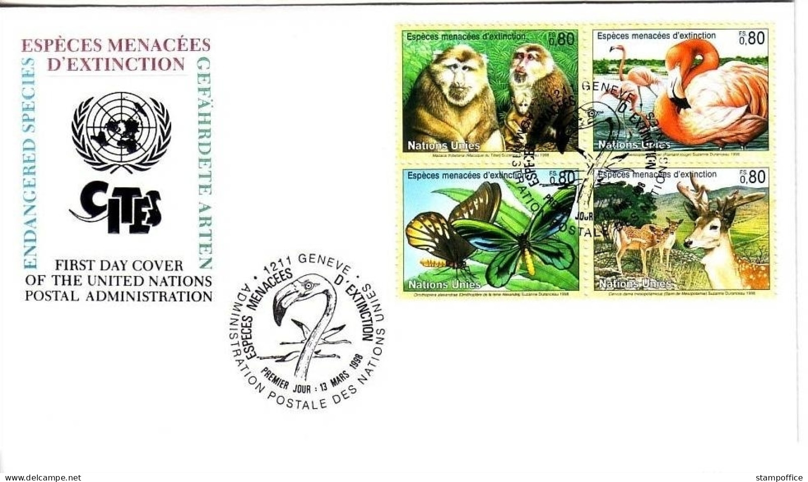 UNO GENF MI-NR. 330-333 FDC GEFÄHRDETE TIERE 1998 BÄRENMAKAK FLAMINGO SCHMETTERLING DAMHIRSCH - FDC