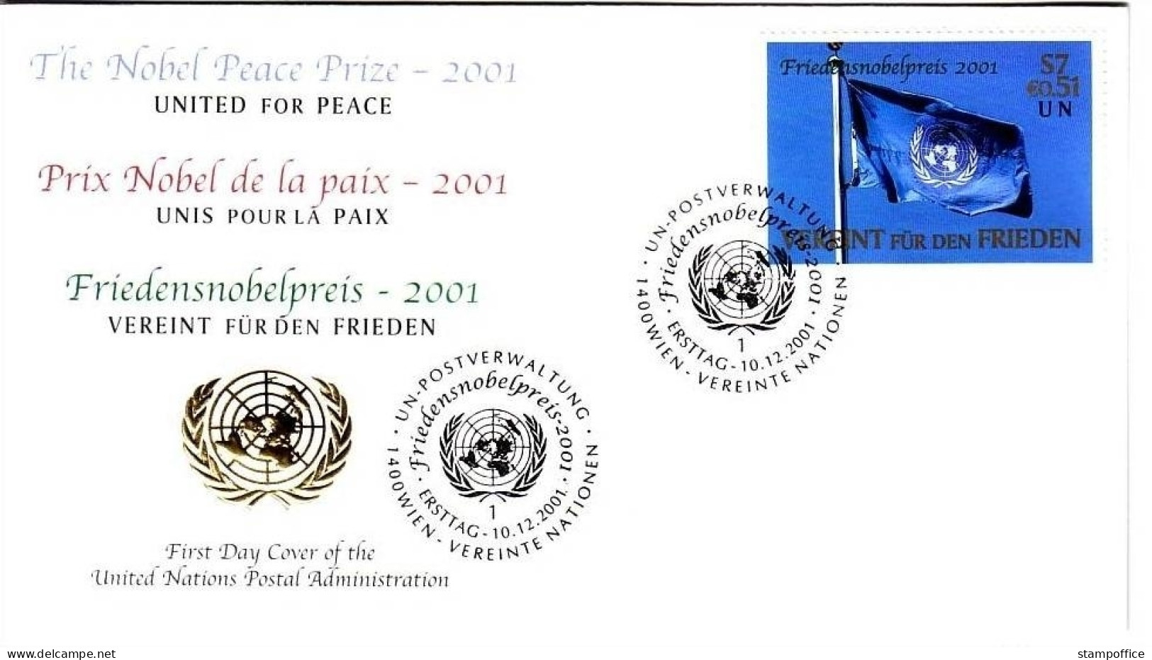 UNO WIEN MI-NR. 350 FDC FRIEDENSNOBELPREIS KOFI ANNAN 2001 FLAGGE - FDC