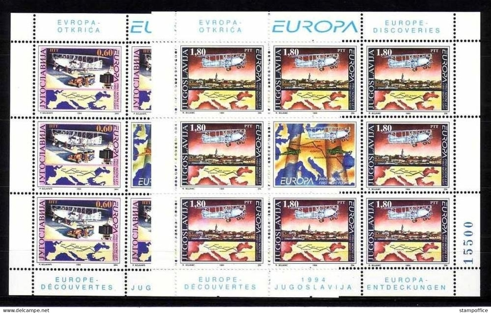 JUGOSLAWIEN MI-NR. 2657-2658 POSTFRISCH(MINT) KLEINBOGENSATZ EUROPA 1994 ERFINDUNGEN 1. NACHTFLUG FLUGZEUGE - 1994