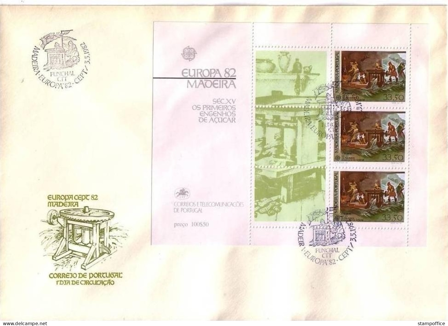 MADEIRA BLOCK 3 FDC EUROPA 1982 HISTORISCHE EREIGNISSE 1. ZUCKERMÜHLE - 1982