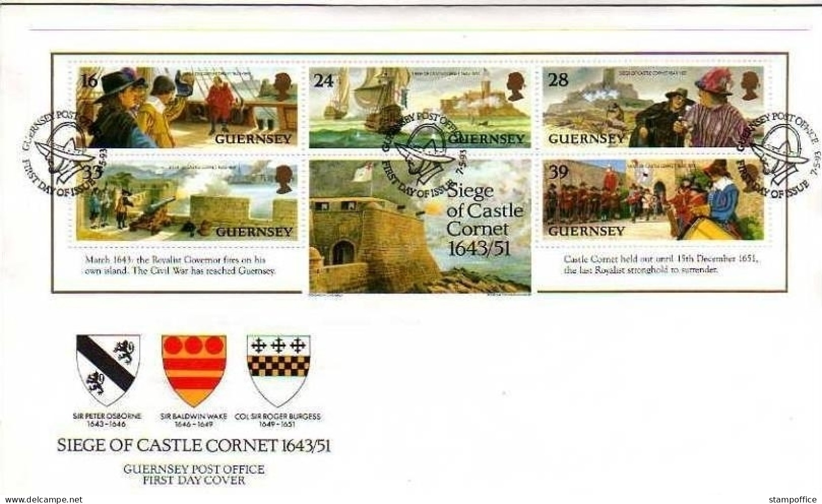 GUERNSEY BLOCK 10 FDC BELAGERUNG Von SCHLOSS CORNET SCHIFF WAPPEN - Guernsey