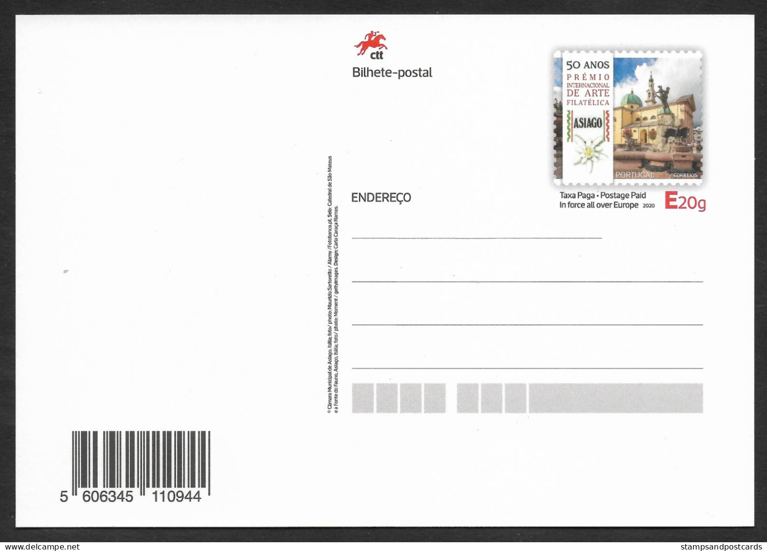 Portugal Entier Postal 50 Ans Prix Art Philatélique Asiago Italia Italie 2020 Stationery Philatelic Art Prize Italy - Postal Stationery