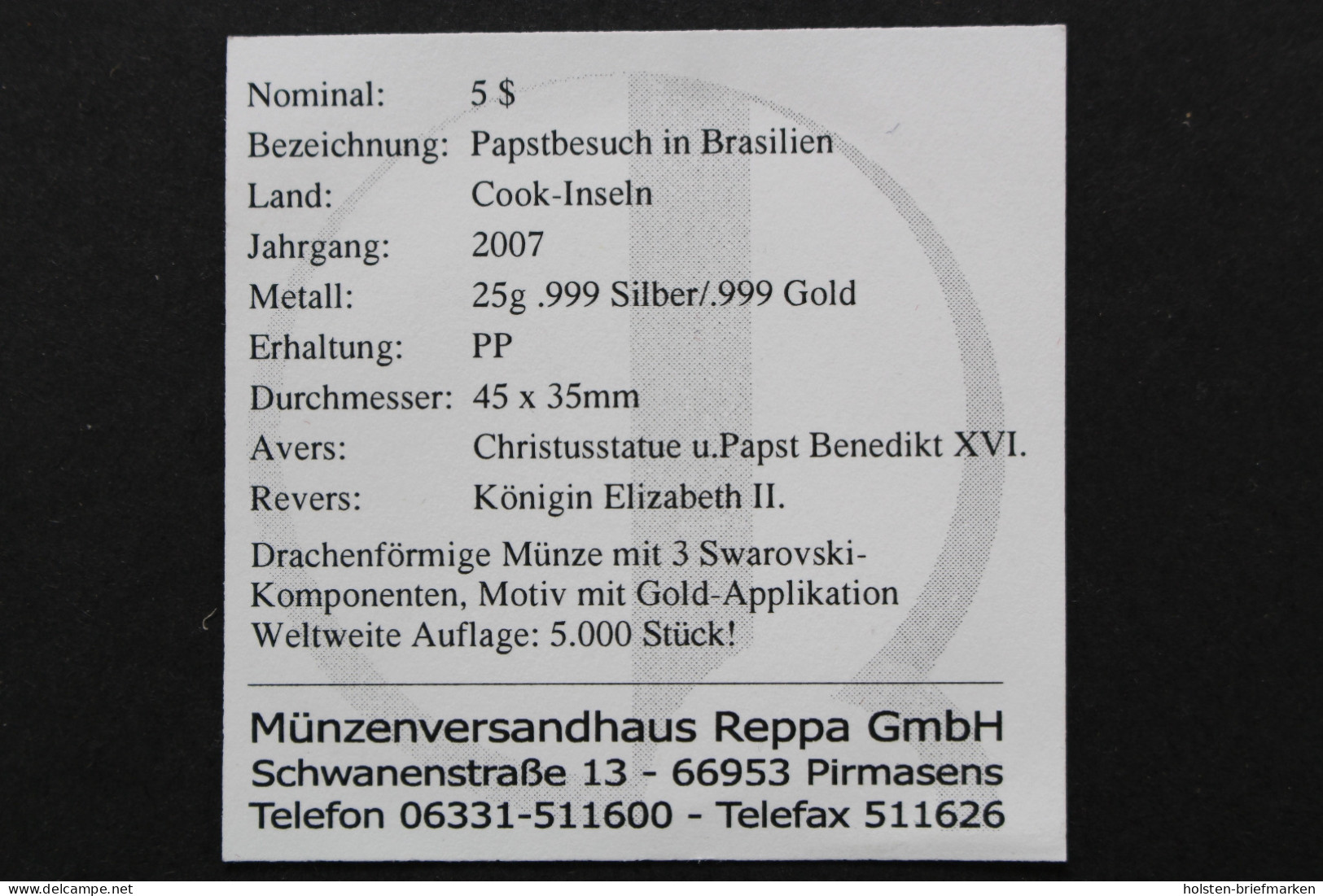 Cook Inseln, 5 Dollar Christus / Papst Benedikt, 2007, Polierte Platte / Proof - Otros – Oceanía